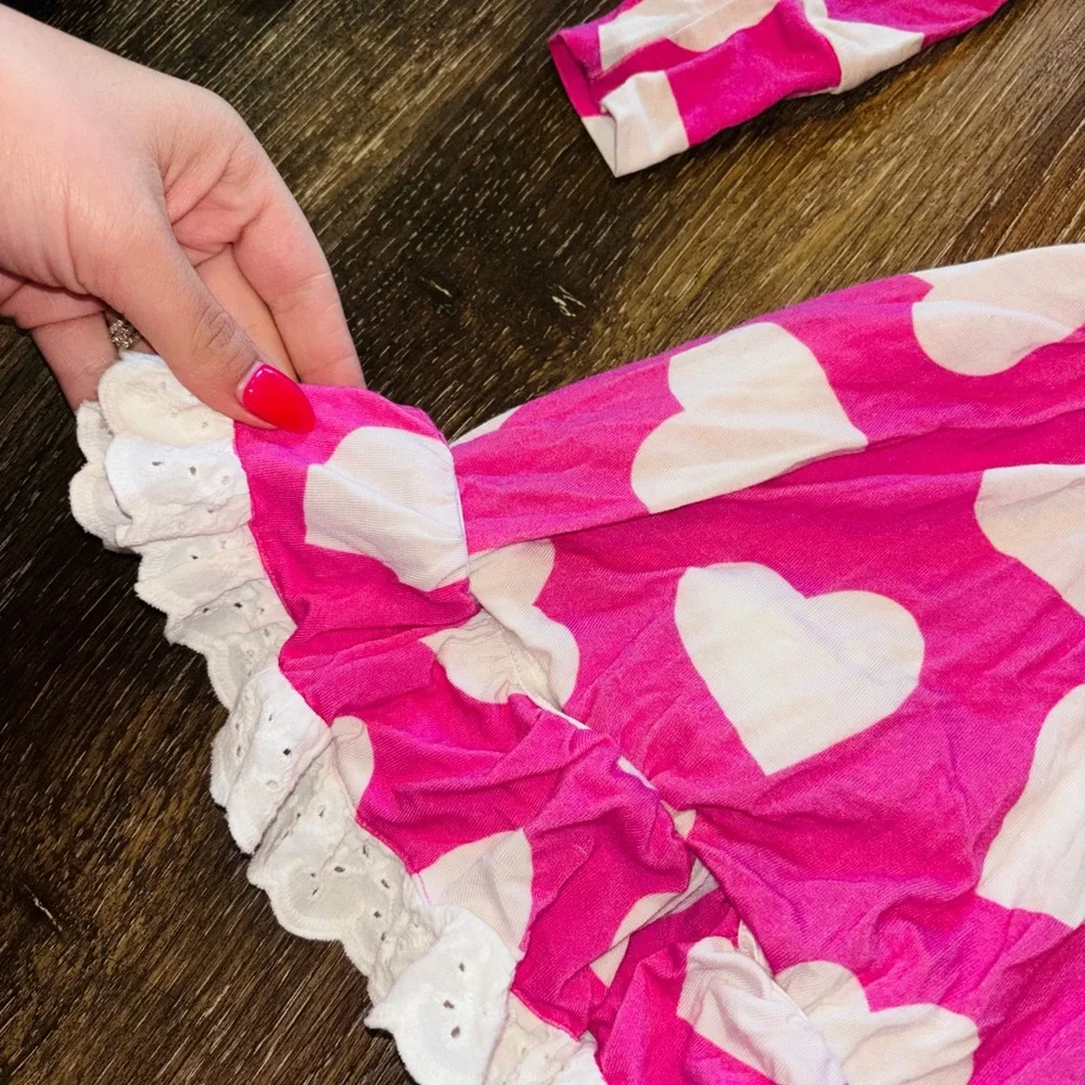 Bums & Roses Bamboo Bright Pink Heart-Print Ruffle Hem Kids Dress